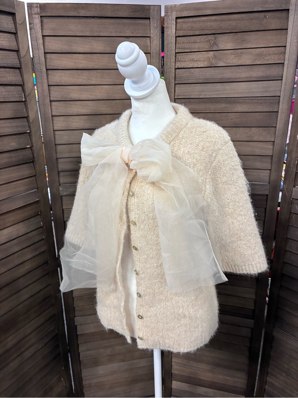 Philosophy Cream Bow Front Short Sleeve Fuzzy Cardigan